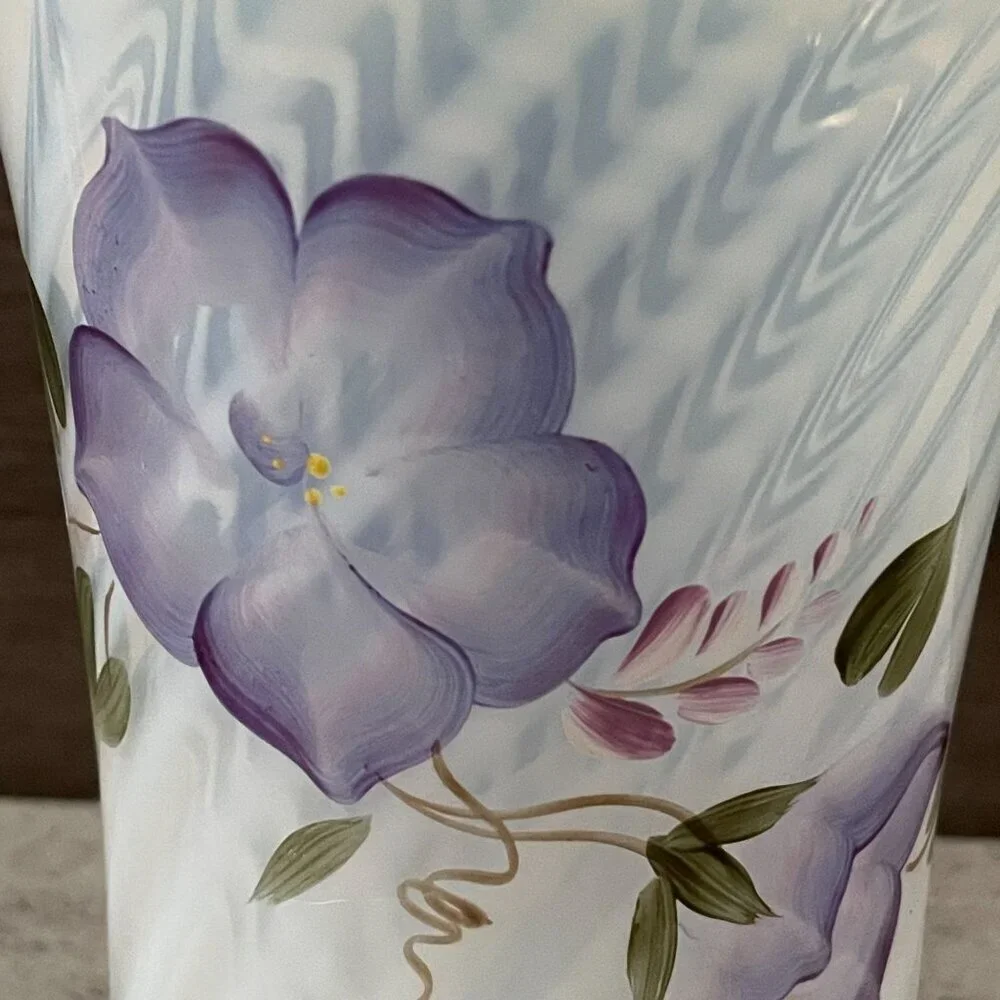 Vintage Fenton Heirloom Optic Glass Hand Painted Purple Flower Signed Vase 8